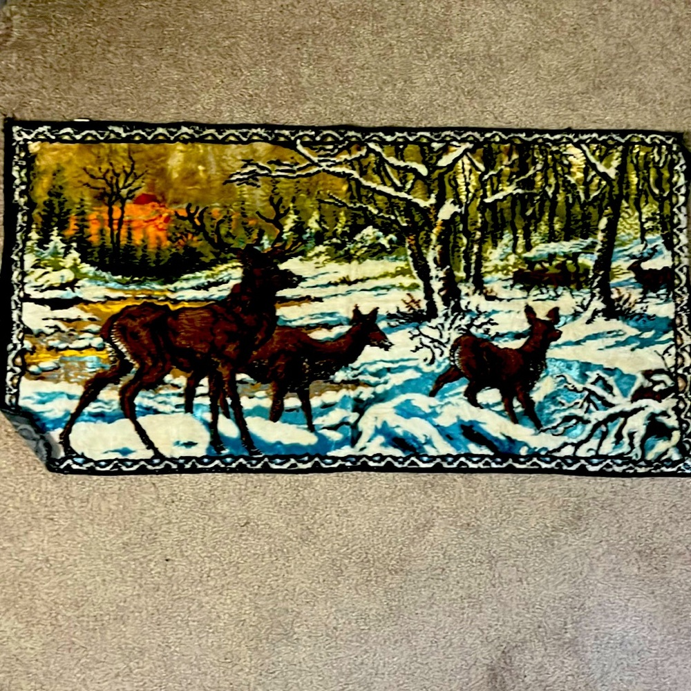Vintage 70s B.M.S. Deers Winter Woods Velvet Tapestry